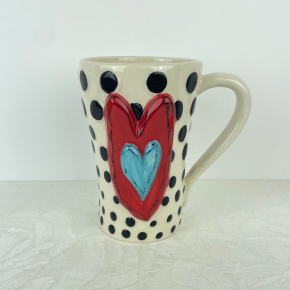 Heartful Home by Tracy Pesche Ceramic Mug Black Polka Dot Red Heart - Picture 1 of 5